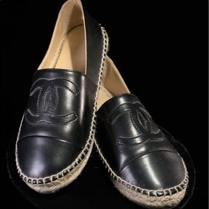 CHANEL Black Lambskin CC logo Espadrilles